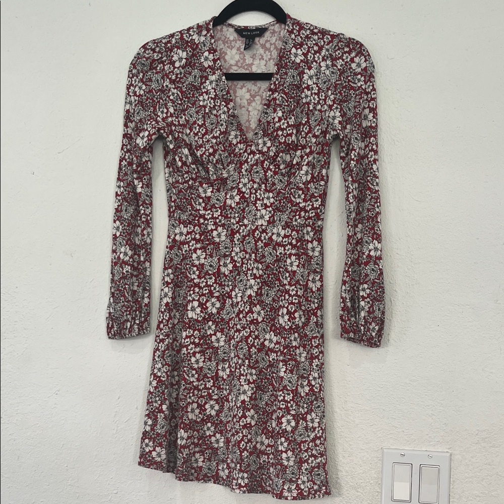 New Look Red and White Floral Long Sleeve Dress